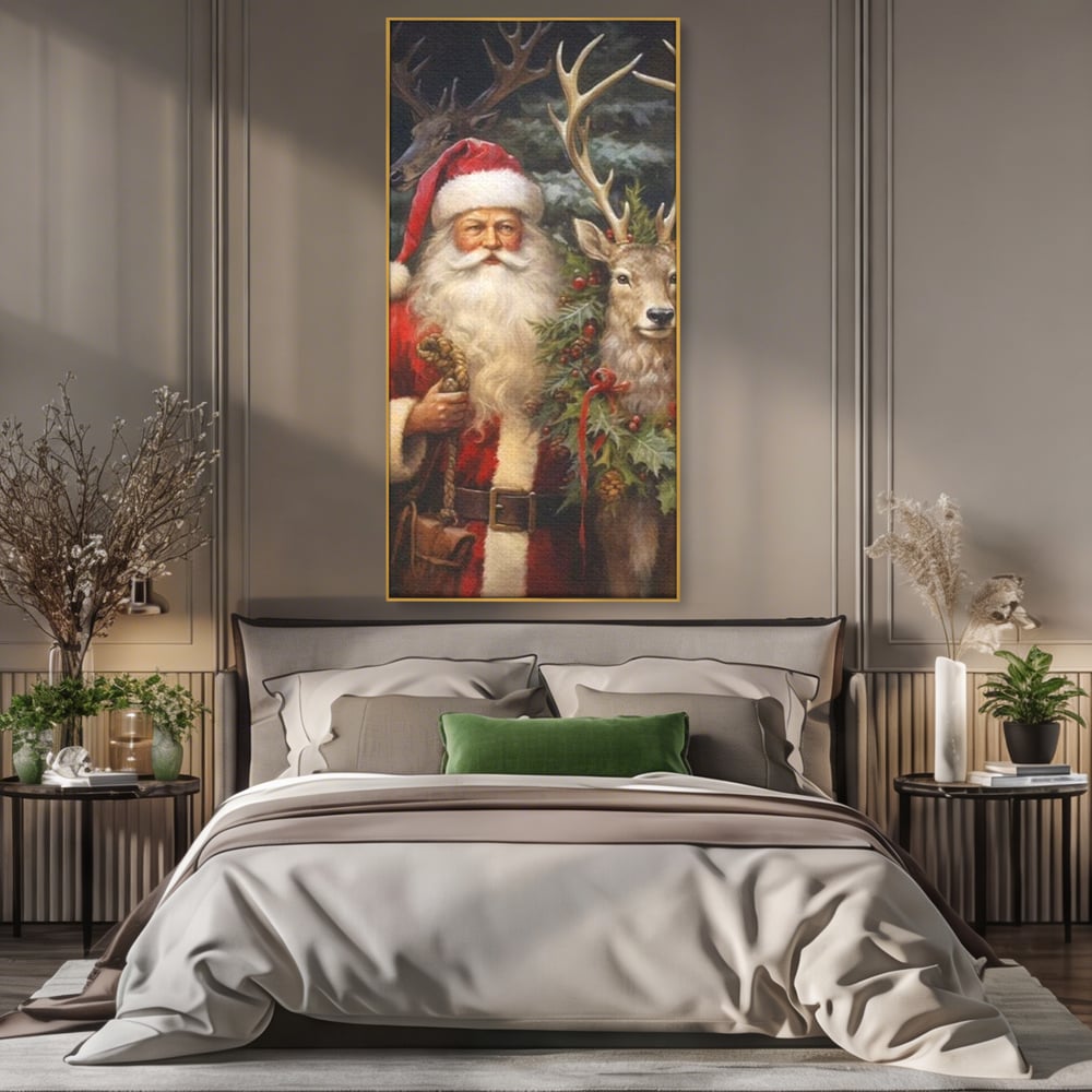 Tablou canvas cu tablou canvas cu mos craciun si cerbi, in rama de aluminiu auriu, pe perete intr-un dormitor